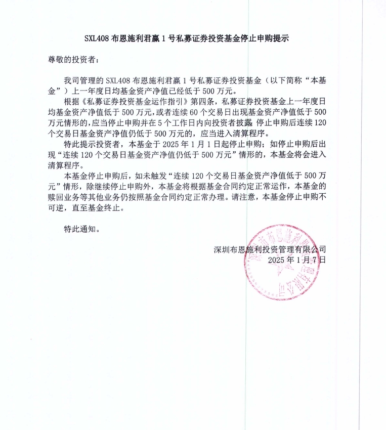布恩施利君贏1號私募證券投資基金停止申購提示